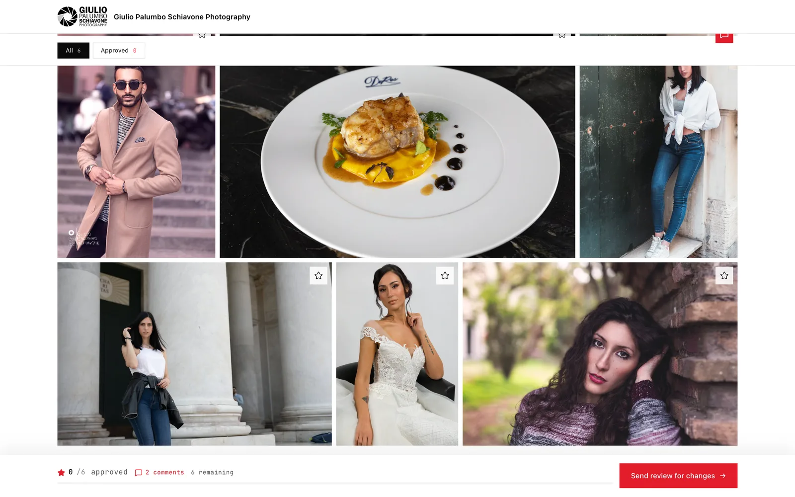 A Galerist proofing gallery: the client stars the shots to keep, leaves comments, and sends the review back in one action.