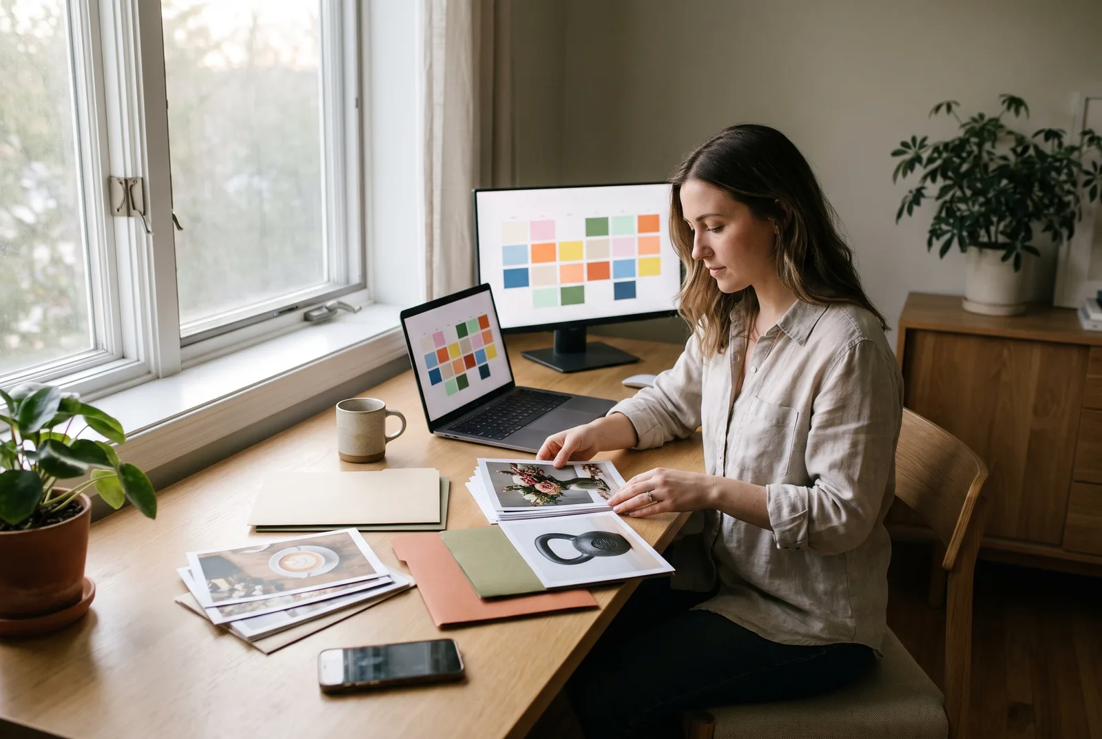 A social media manager at a desk with a laptop and a second monitor, sorting printed photos into plain paper folders, one for each client.