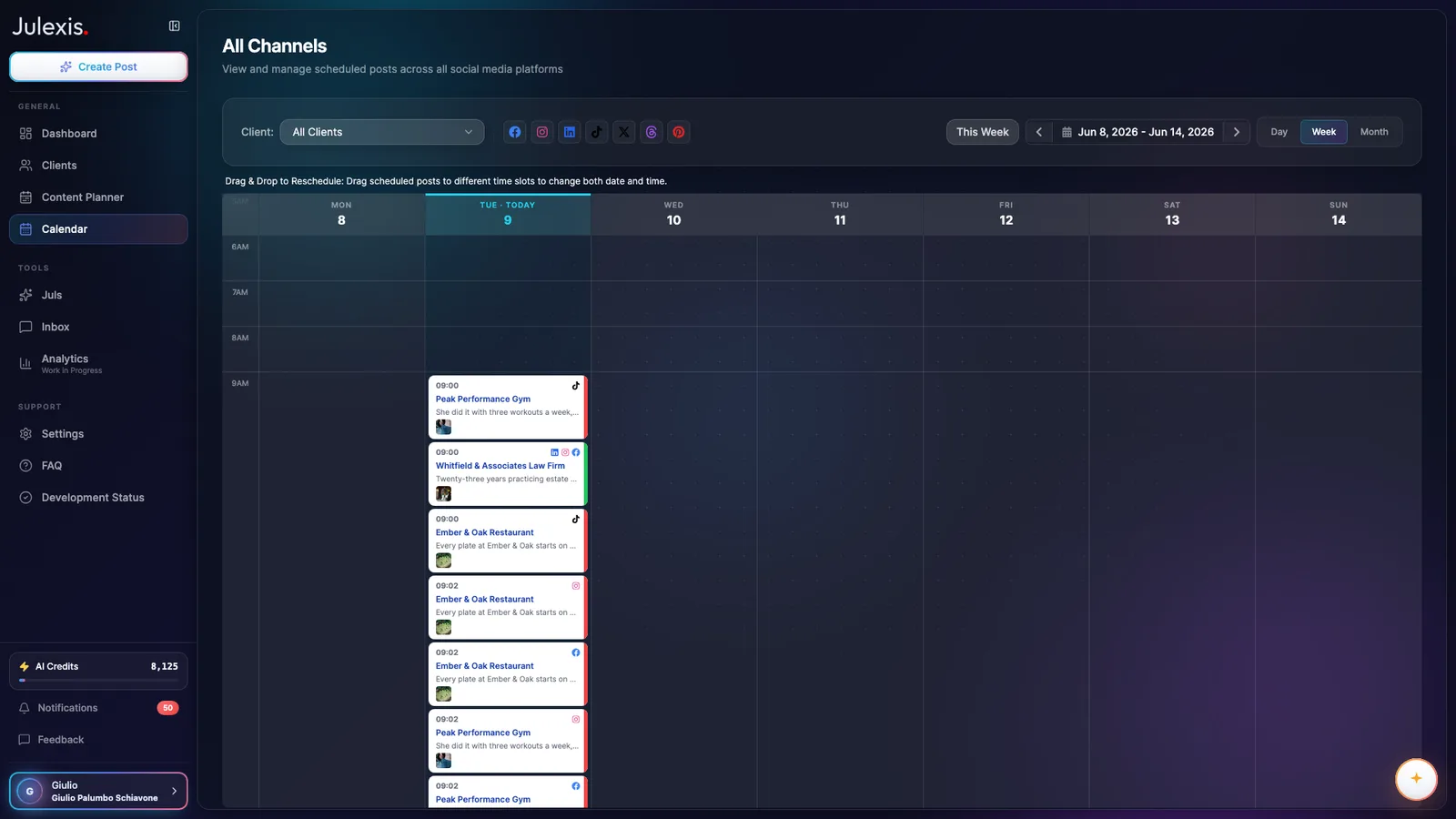 A week calendar showing scheduled posts for several clients side by side, each card labelled with the client and the networks it goes to.