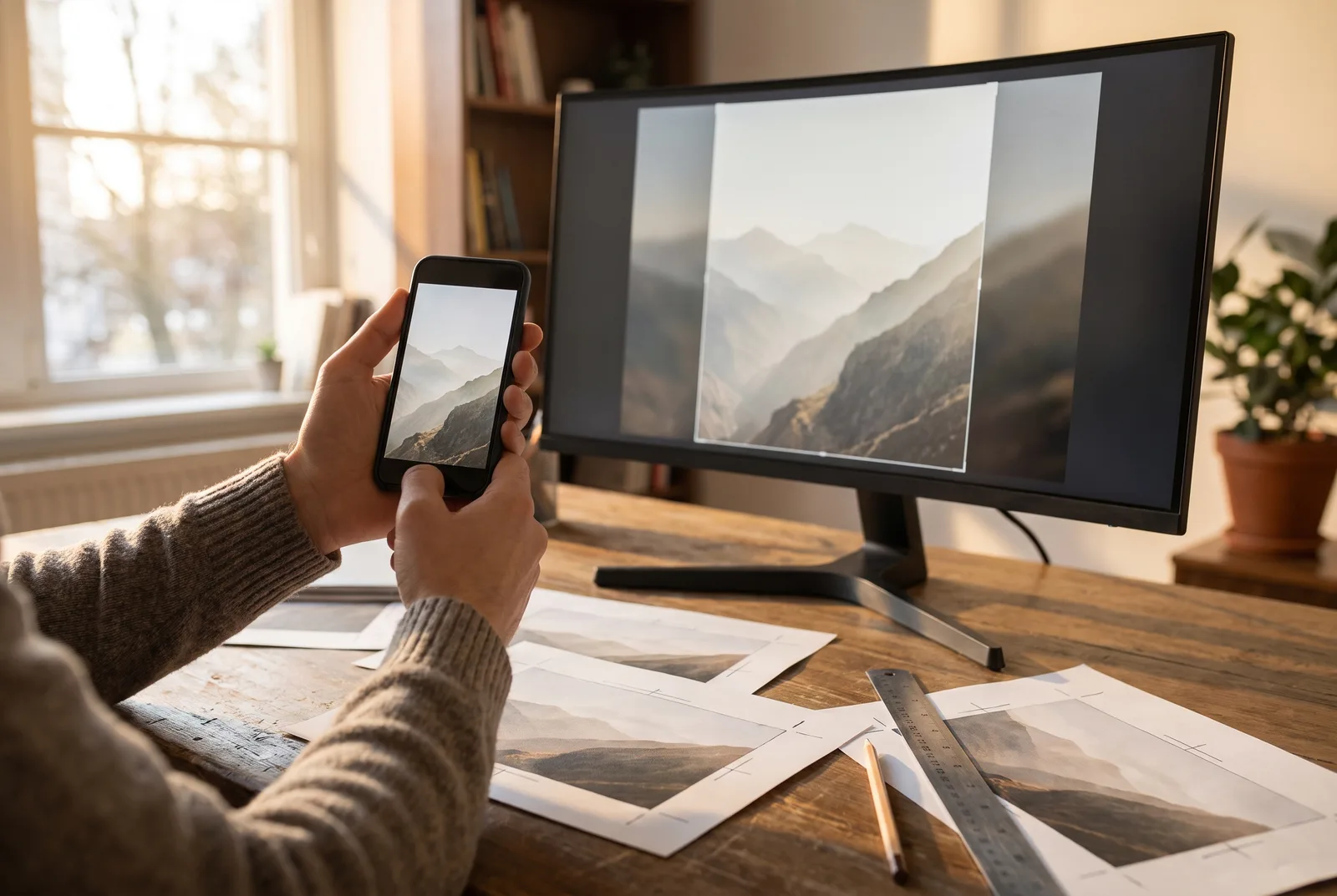 A designer holds a phone upright next to a monitor, comparing the same photo cropped tall on one screen and wide on the other.