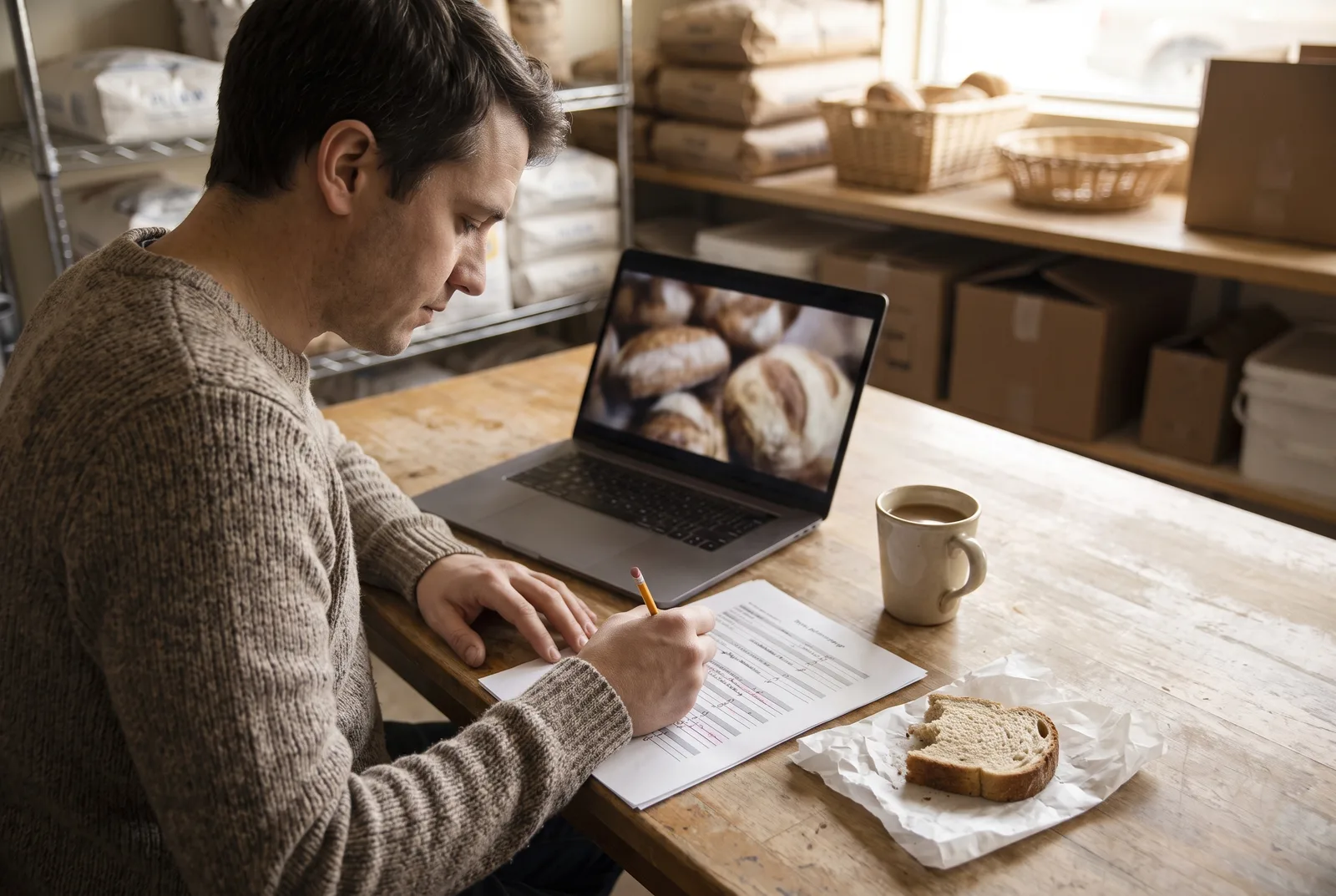 A social media manager edits a printed caption draft with a pencil next to a laptop in a bakery's back office.