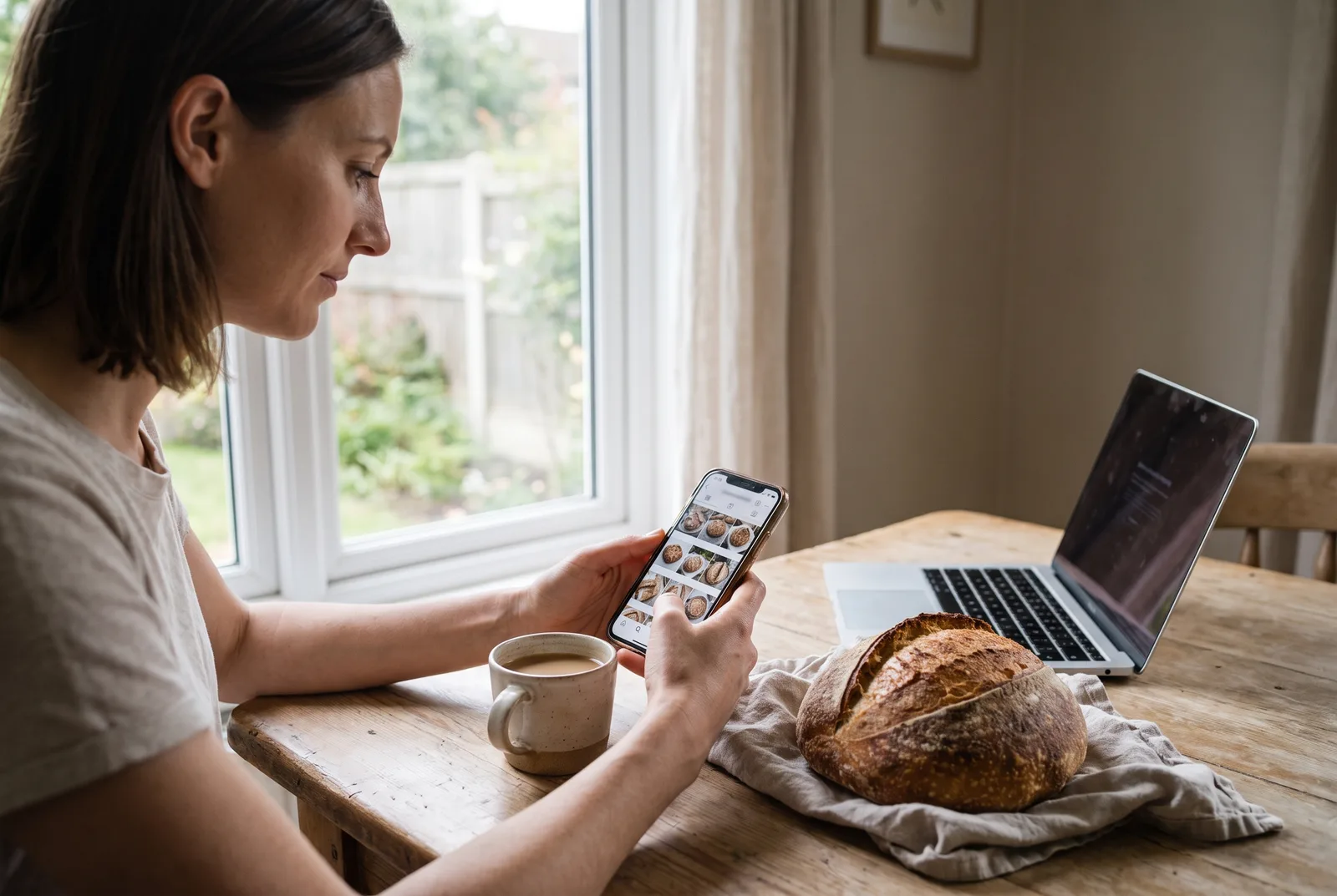A social media manager at a sunny kitchen table scrolls through a bakery's photo feed on her phone, a fresh sourdough loaf beside her laptop.