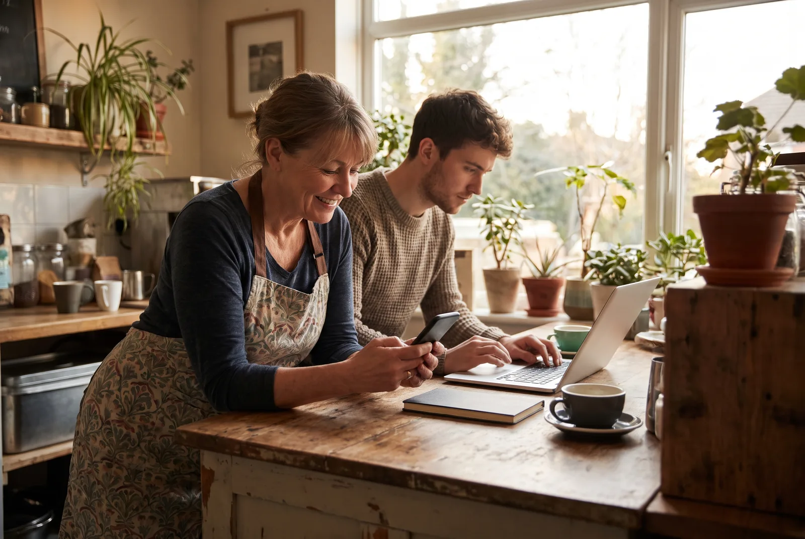 A small business owner replies to comments on her phone at a café counter while a colleague drafts a post on a laptop beside her.