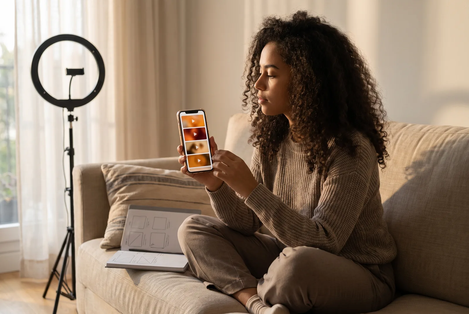 A creator sits on a sofa holding a phone upright, comparing still frames from their video to choose a cover.