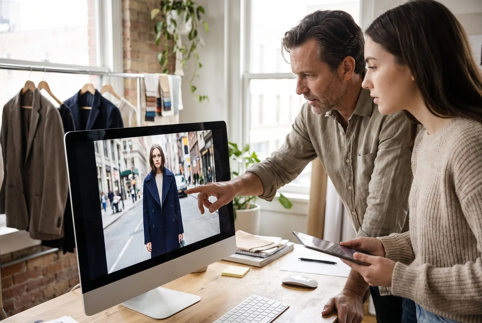 Two colleagues in a bright studio review a photorealistic fashion image on a large monitor before it is scheduled for a client.