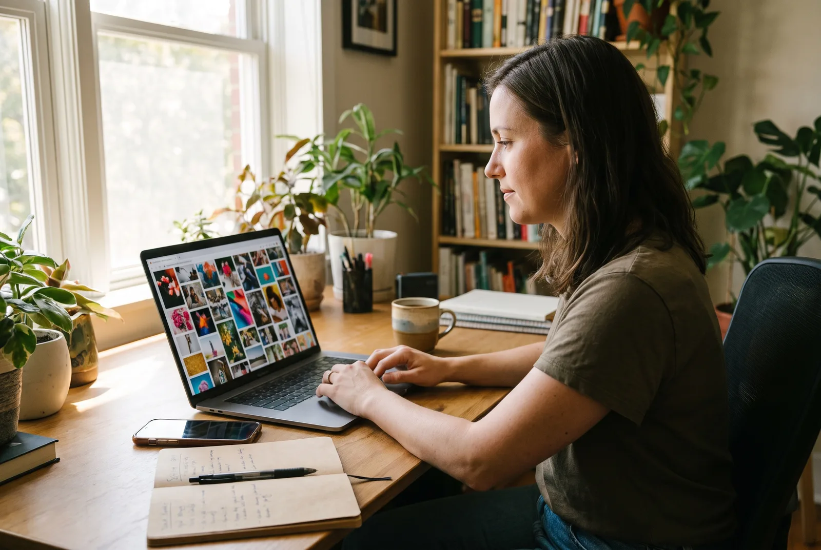 A social media manager at a sunlit desk reviews a grid of post previews on a laptop while a phone lies face down beside a notebook.